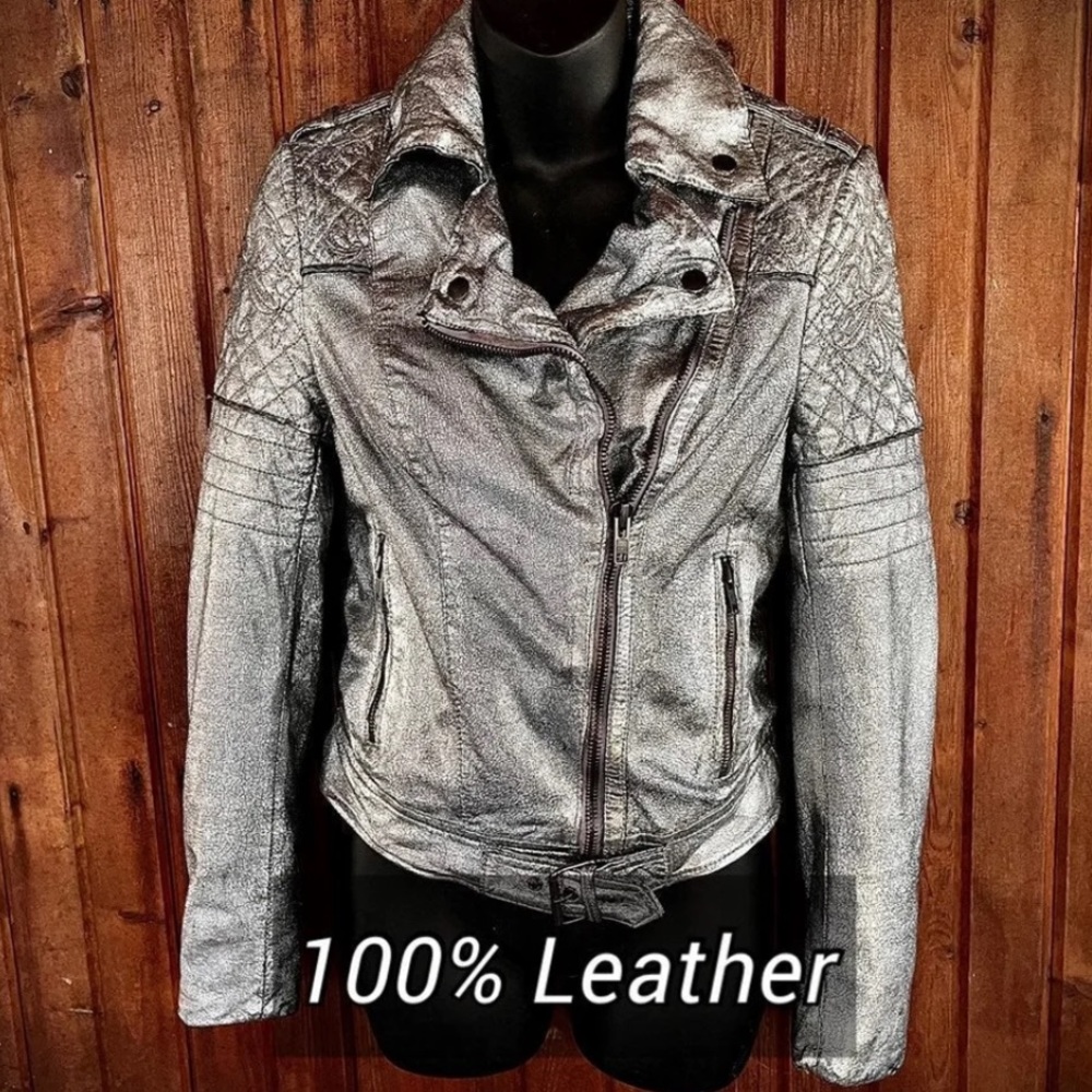 100% Leather Silver Jacket Quilted Moto Biker